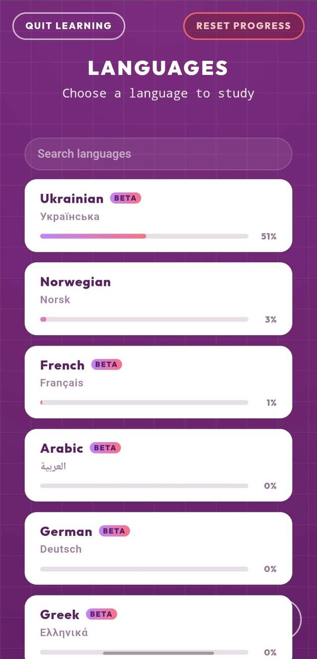 The language picker in the Zero to Hero app with a progress bar per language